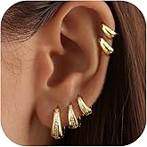 SAILIMUE 5 Pairs Small Hoop Earrings for Women Trendy 14K Gold Plated Earrings Cubic Zirconia Earring Set Hypoallergenic Huggie Hoops Chunky Earring Sets for Multiple Piercing