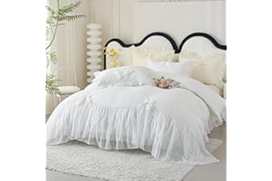 IHOUSTRIY Duvet Cover Queen Size, Ruffle Beddding Set with Bowtie, 3 Pieces Comforter Cover Set with Zipper Closure, Girl Princess Bedding with Pillowcase - White, Queen