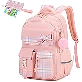 Girls Backpack, Kids Backpack for Girls School Bags with Pen Case, Bow Plaid Book Bag for Elementary Middle Primary High School College, Pink-2pcs