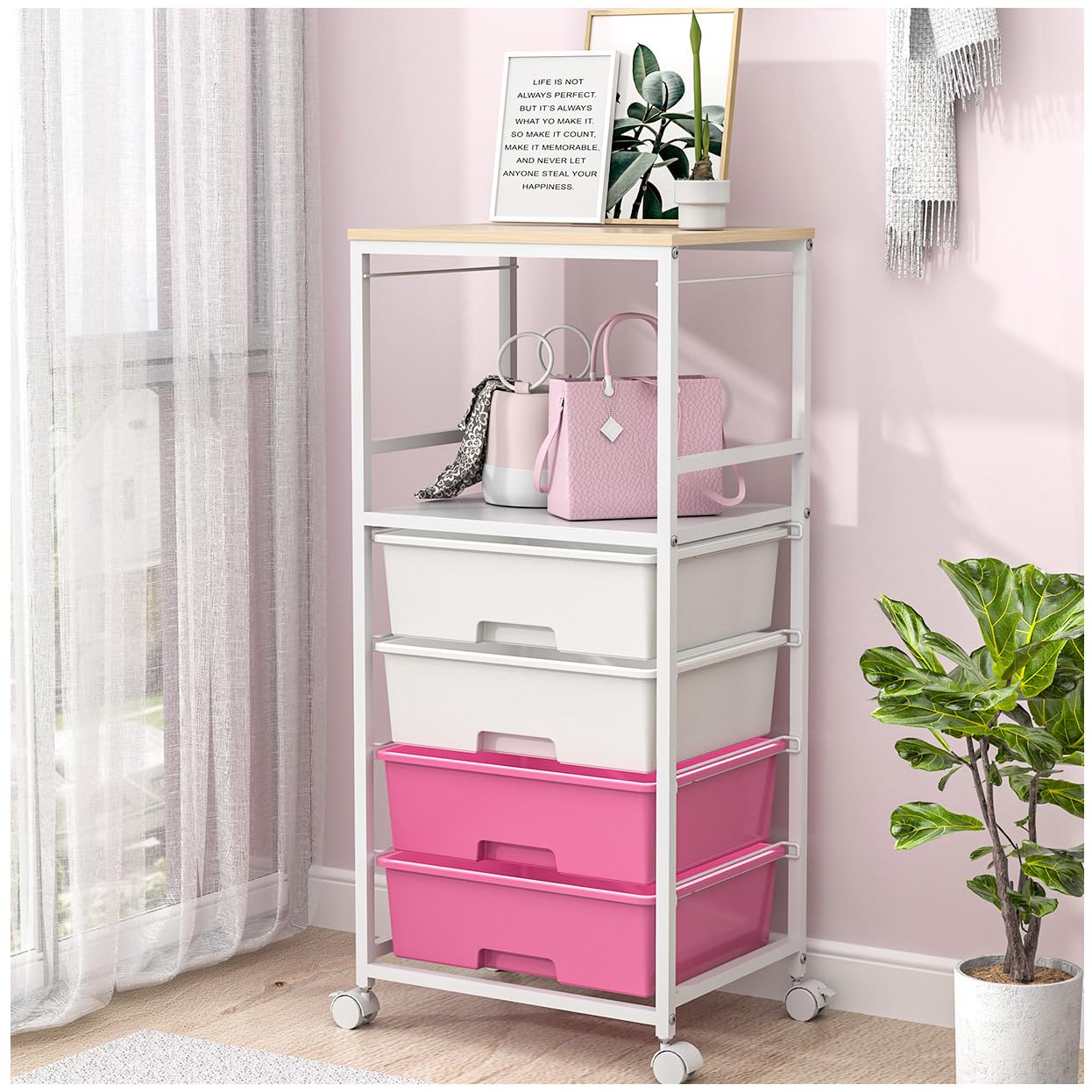 Photo 1 of SYKIARIOL Utility Cart with Drawers, 4 Drawers Rolling Storage Cart with Opening Shelf and Wooden Tabletop,Craft Cart for Bedroom,Kid's Room,Dorm,Classroom,Office,Pink