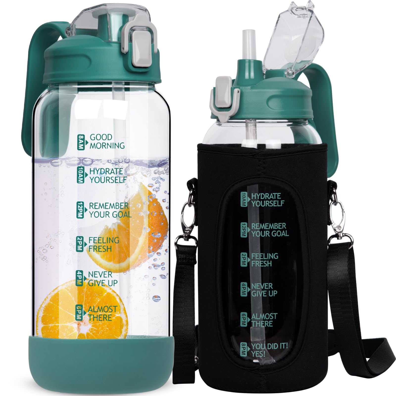 DEARRAY 2 Litre Glass Water Bottle with Straw & Time Markings - Leakproof Motivational Drinking Bottle - Big Pitcher Jug with Lid - BPA Free