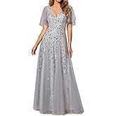 Ever-Pretty Women's Sequin Formal Dress Sparkly V-Neck Short Sleeve A-Line Floor Length Prom Evening Gown 0736