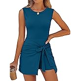 Caracilia Women Summer Sleeveless Bodycon Tie Cinched Waist Romper Skort Mini Dress Built in Shorts Night Out Vacation Dress