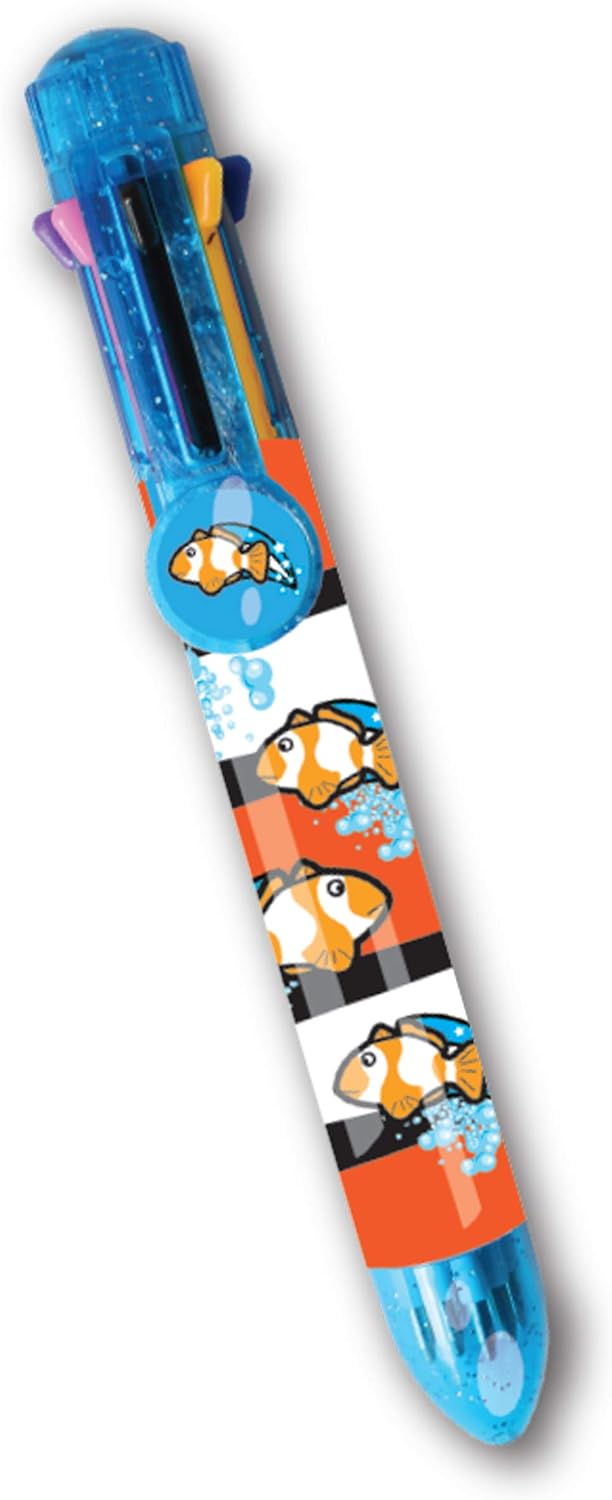 Rainbow Writer, Clown Fish Pen by Deluxebase. 8-in-1 Multicolour Retractable Ballpoint Pen with a Blue Glitter Barrel