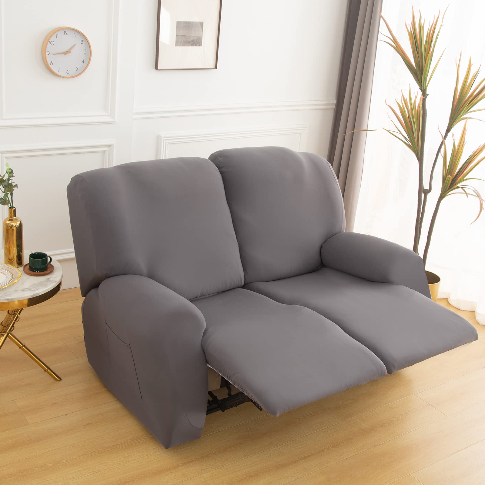 Qelus Stretch Recliner Chair Cover,6-Pieces Sofa Cover Slipcover Couch Covers,Armchair Cover Non-Slip Furniture Protector,Elastic Spandex Soft Recliner Chair Protector with Side Pocket(2 Seater Gray)