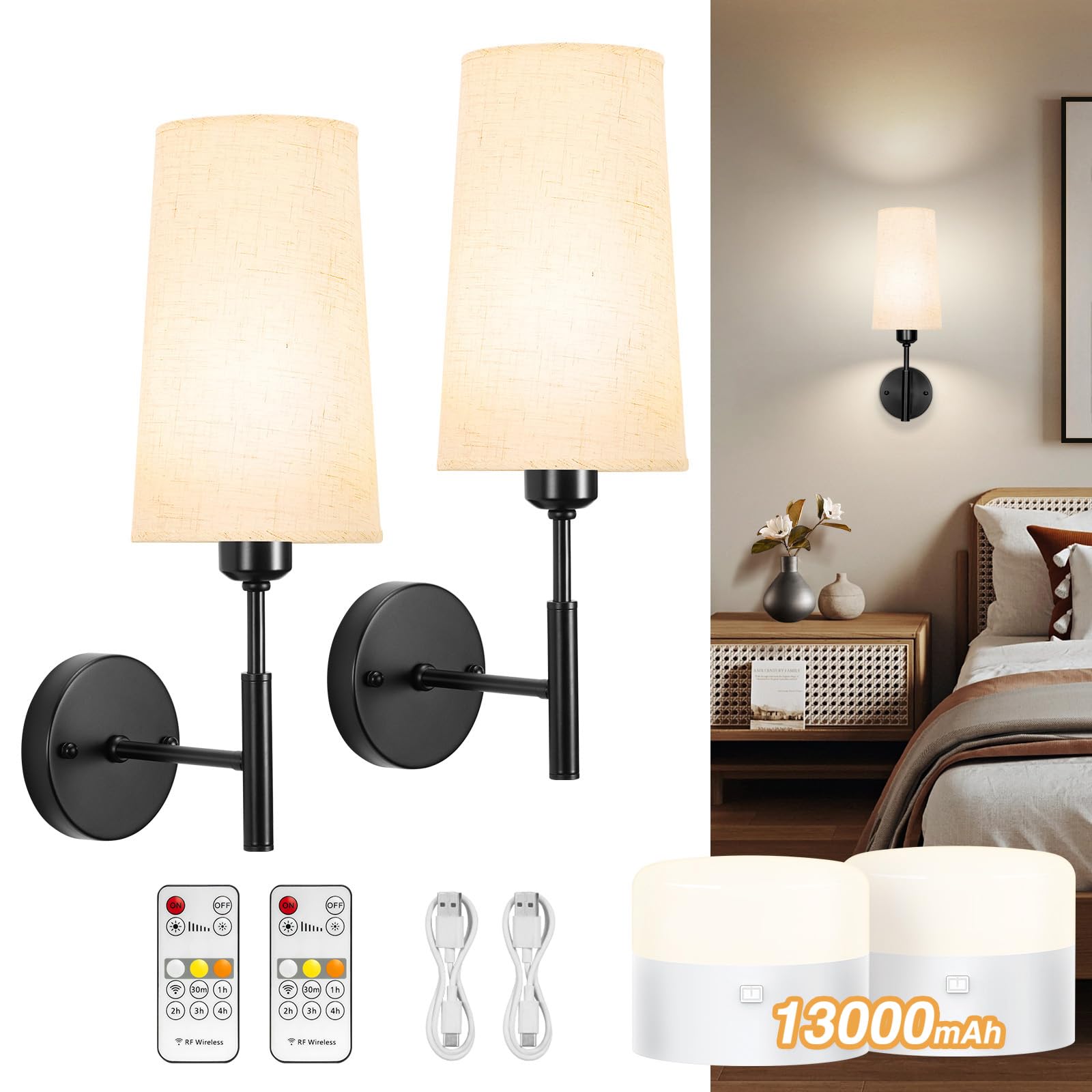 Photo 1 of Glitnous Battery Operated Wall Sconce, 13000mAh Wall Sconces Set of Two Battery Operated, Wireless Sconces Set of 2, Rechargeable Sconce with Remote, No Wire Wall Lamp/Light for Bedroom, Linen Black