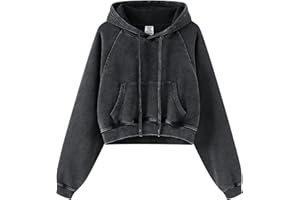 Gihuo Women's Cropped Hoodie Acid Wash Fleece Lined Oversized Short Pullover Sweatshirt