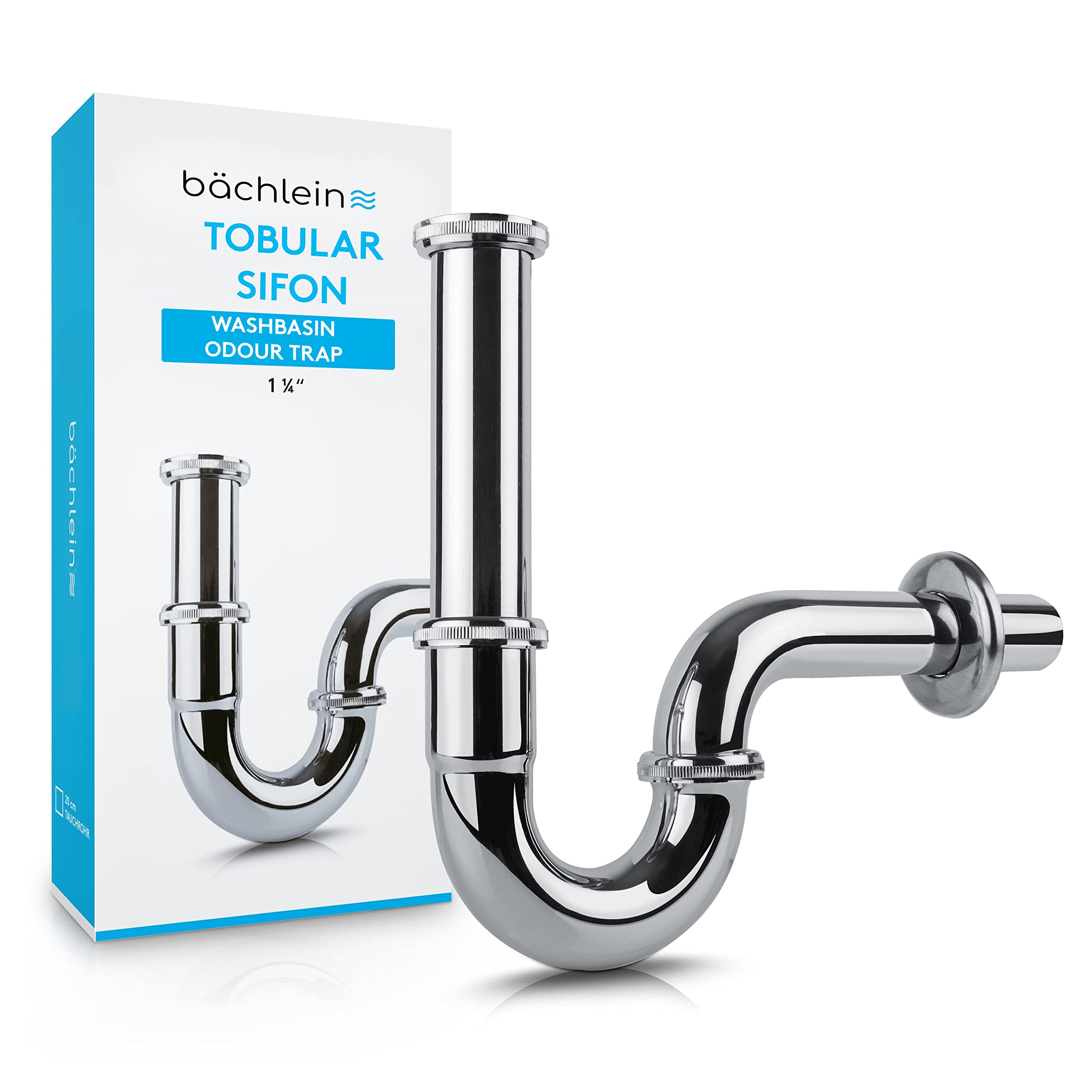 Bächlein Universal Tubular Siphon [Extra Long] for Washbasin & Washstand - Drain Set, Chrome Siphon incl. Rubber Sleeve for Wall Connection - Odour Trap, Drain Set