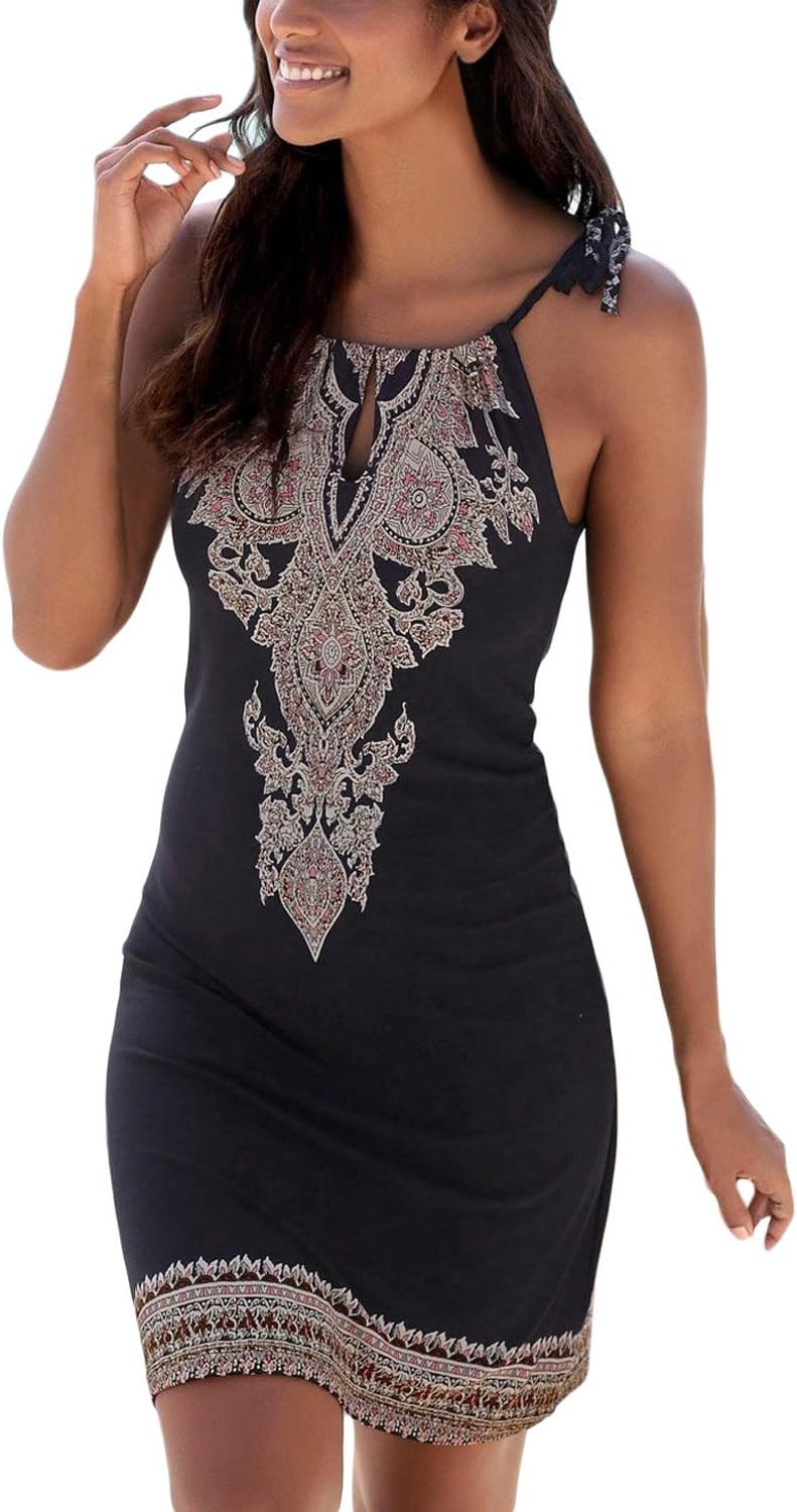 Happy Sailed Womens Casual Print Sleeveless High Neck Short Sundress