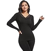 MOSCOAL Fleece Lined Thermal Tops for Women Long Sleeve Lace Trim Base Layer V Neck Shirt
