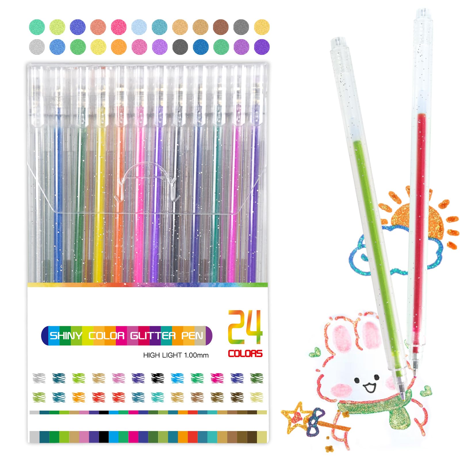Marte Vanci Glitter Gel Pens, 24 Colour Gel Pens for Colouring, Sparkly Coloured Glitter Ink Set 1.0mm Tip for Adult Colouring Books Writing Journal Crafting Scrapbooks Drawing Christmas Cards