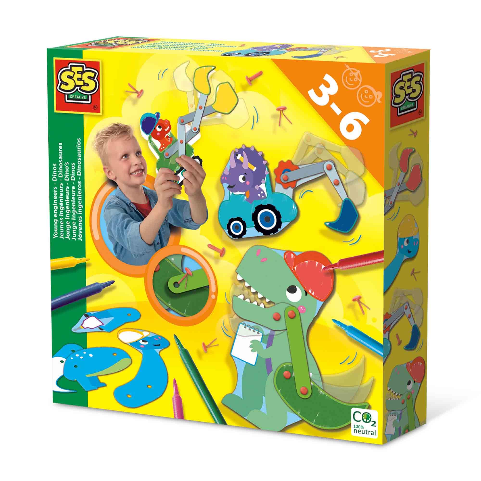 SES Creative 14045 - Young Engineers - Dinos, Build 4 Moving Dinosaurs and Construction Vehicles, Complete Set with Markers for Young Children