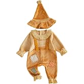 Bonangber Toddler Baby Girl Boy Halloween Scarecrow Costume Long Sleeve Patchwork Romper Jumpsuit and Hat Cute Cosplay Outfit