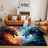 Fire vs Ice: Majestic Dragons Ready Battle Contrast Dragon Themed Rug 5x7 Rug Area Rugs for Living Room Bedroom Aesthetic Dining Room Machine Washable Throw Rugs Carpet Indoor Non-Slip Floor Mat