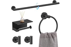 TQKAG 5 Piece Bathroom Towel Bar Holder Sets Matte Black Bathroom Hardware Set Stainless Steel Toilet Paper Holder with Shelf Bathroom Accessories Kit Wall Mounted