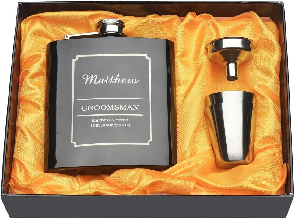 YANGSION Personalized 6oz Engraved Black Hip Flask Complete with 2 Cups & a Funnel Wedding Party Birthday Home With Gift Box Favor
