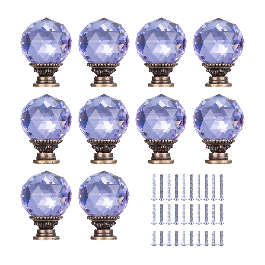 C&Z 10pcs 30mm Ancient Bronze Crystal Knobs Cupboard Cabinet Handle Drawer Pull with Screw for Kitchen Office Chest Dresser Bathroom Bedroom Wardrobe Shiny Facet Ball Purple