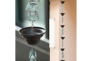 Jemeni 8.5' Length School of Fish & Bowls Rain Chains for Gutters Downspouts, Green Patina
