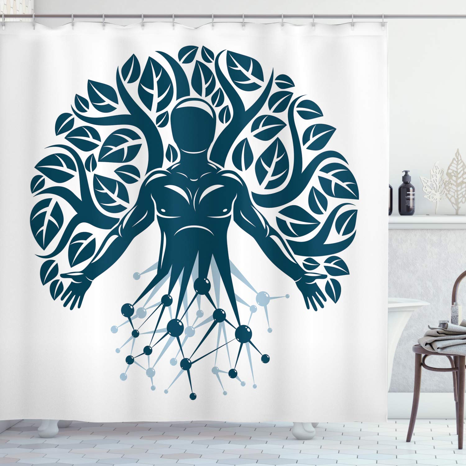 ABAKUHAUS Biology Shower Curtain, Abstract Human Science Ecology Technology and Nature Balance, Cloth Fabric Bathroom Decor Set with Hooks, 78 Inches, Dark Petrol Blue White