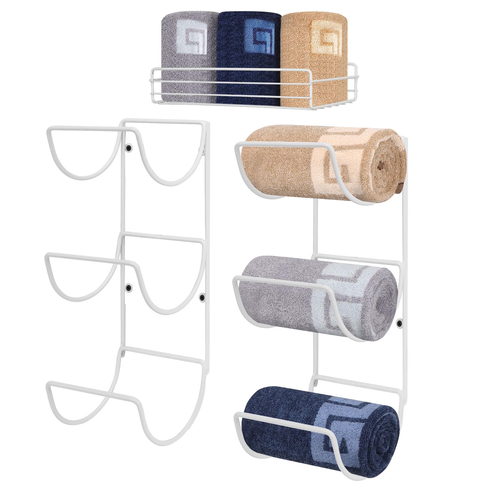 Photo 1 of NearMoon Towel Rack Wall Mounted- All Metal Bathroom 2 Towel Rack Holders+ Hand Towel Storage Basket, Rustproof 3 Level Wine Rack Organizer for Hand Towels, Washcloths, 2+1 Pack (White)