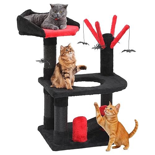 DWVO 61.5 cm Gothic Indoor Cat Tree with Bed, Spider Hanging Ball, and Scratching Post, Black, Halloween