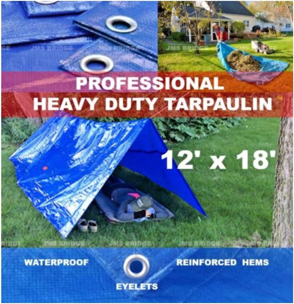 TARPAULIN 3.5m x 5.3m (12 ft x 18 ft) Blue Waterproof Cover Boat/Car/Ground Sheet, 12ft x18ft