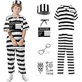 Yywsya Prisoner Costume Kids 7Pcs Classic Striped Jail Inmate Costume Halloween Outfits Convict Cosplay Props