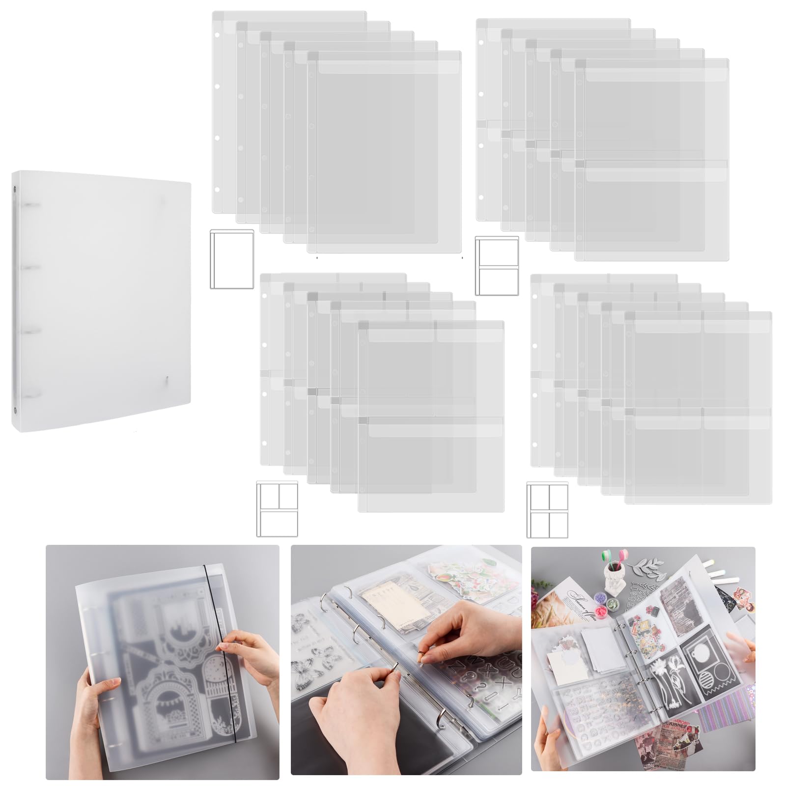Briartw Craft Storage Organizer,1 A4 Die Storage Book Binder and 20 Inserts Set,Inserts with One,Two,Three,Four Pockets for Storage Craft Supplies,Cardstock,Sticker,Stamp,Cutting Dies,Stencil