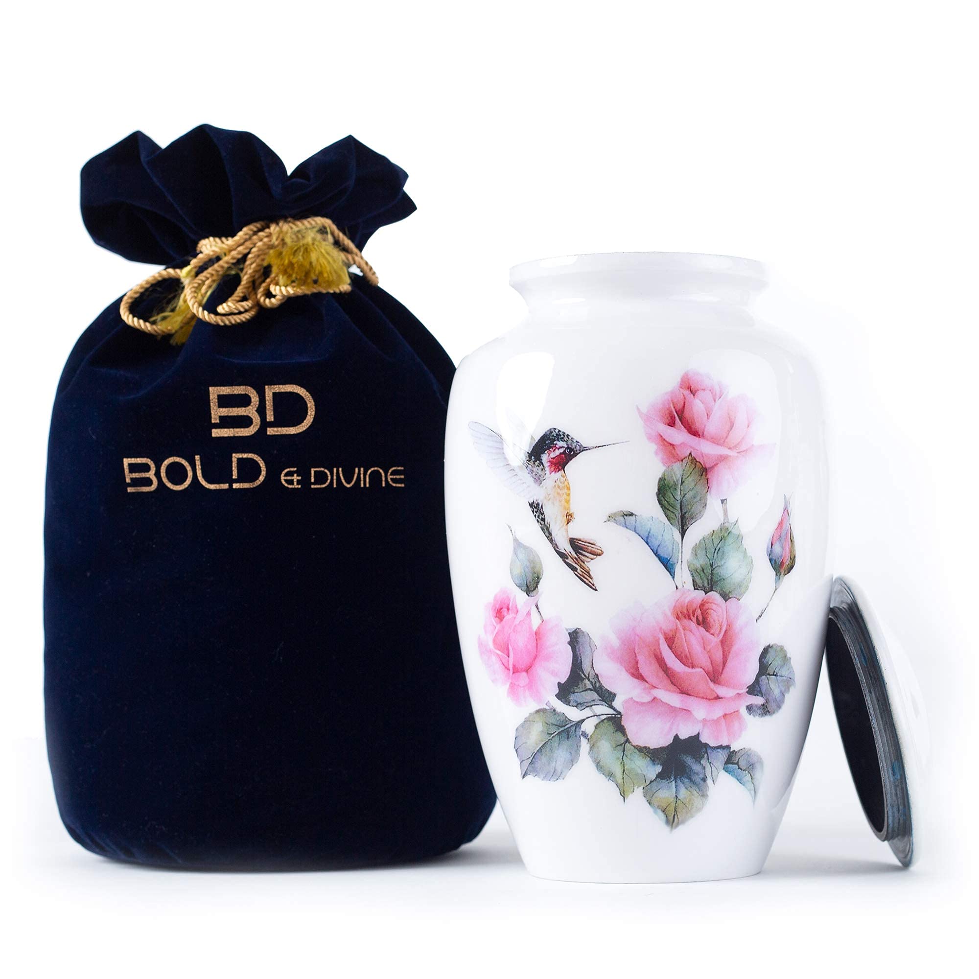 BOLD & DIVINE Hummingbird Printed Adult Cremation Urn | Large | 200 Cubic Inches | Multicolor | Human Ashes Adult Memorial urn, Burial, Funeral Cremation Urns With Beautiful Velvet Bag โ image 1
