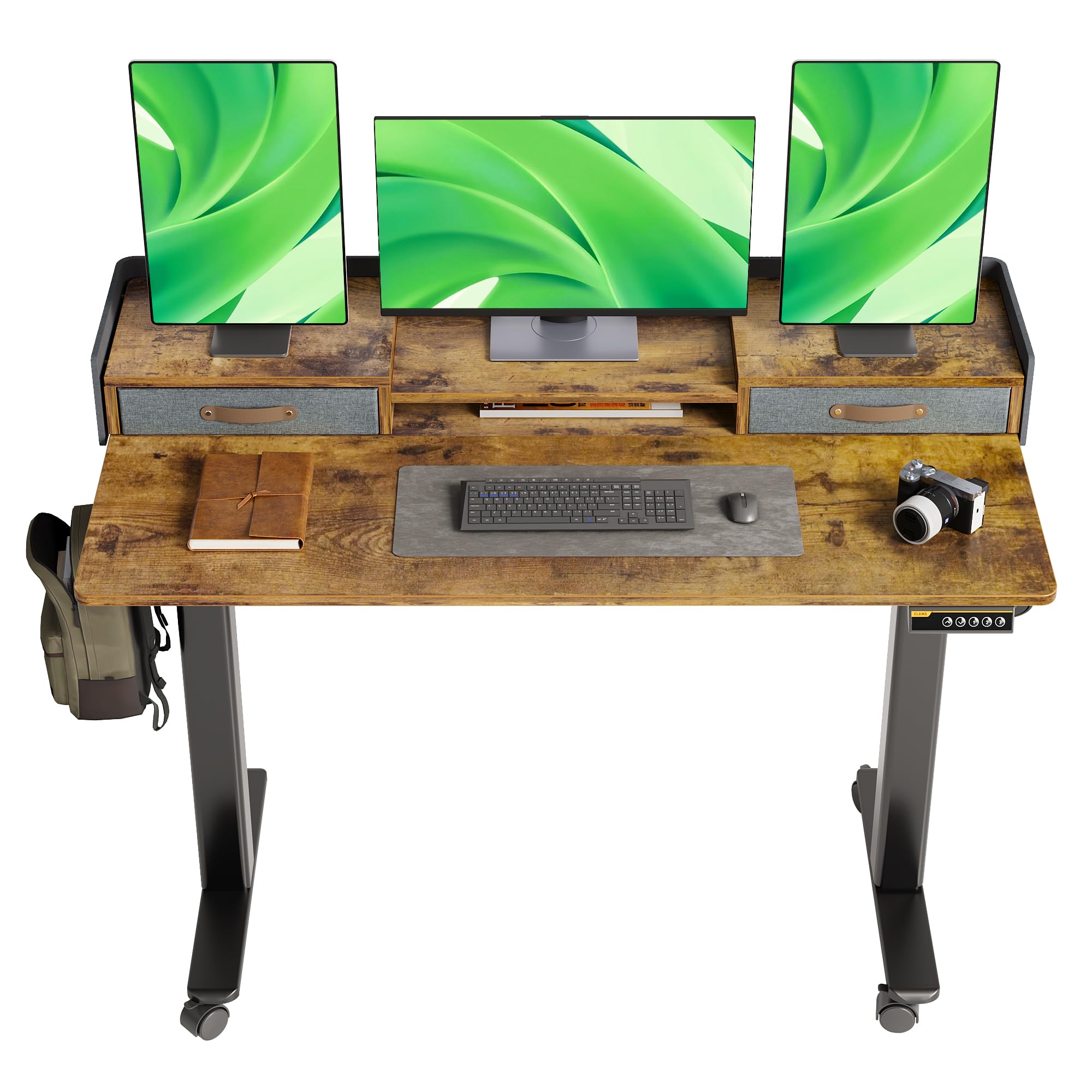 Photo 1 of Claiks Standing Desk with Drawers, Stand Up Electric Standing Desk Adjustable Height, Sit Stand Desk with Storage Shelf and Splice Board, 55 Inch, Rustic Brown