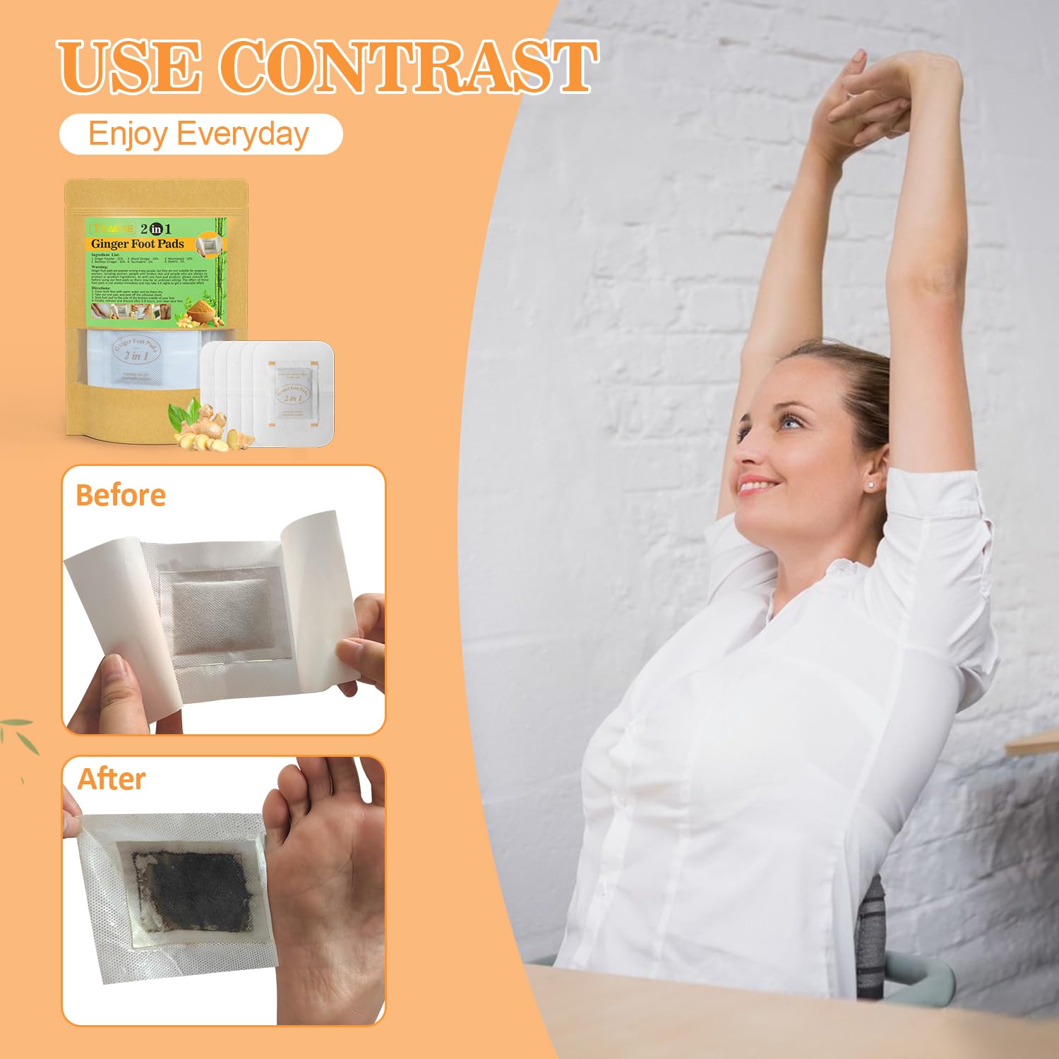 TEWEAE Ginger Foot Pads, Upgrade 2-in-1, Easy to Use, Premium Natural Ingredients Ginger Powder, Bamboo Vinegar Wormwood Foot Pads with ''Stay in Place'' Adhesive (20 Pads)