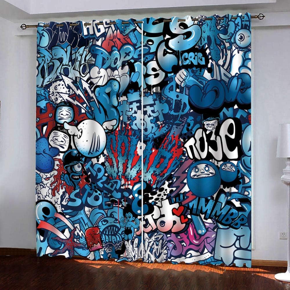 HomeAZWQ Blackout Curtains Bedroom,Graffiti Style Blue Eyelet Two Panels Curtain H245 X W280Cm
