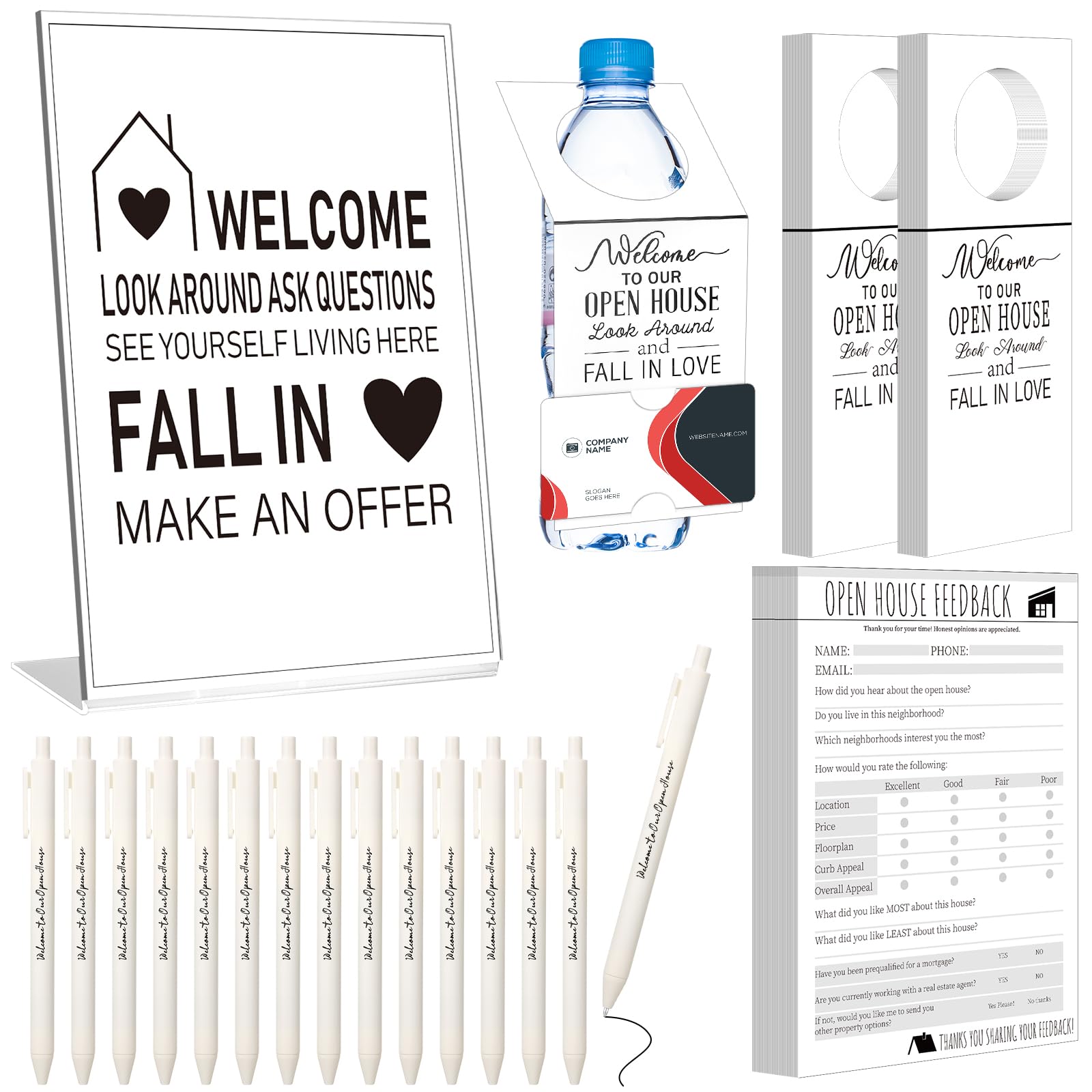 Photo 1 of Eersida 151 Pcs Open House Supplies for Real Estate Include 1 Open House Signs Large 50 Water Bottle Name Tag 50 Real Estate Feedback Notepad Sign 50 Retractable Ballpoint Pens (White,Classic Style)