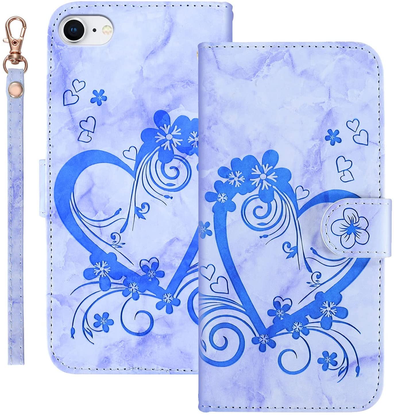 Norn for iPhone 7/8/SE 2020/SE 2022 Phone Case,Embossed Love Heart Floral Pattern Shockproof PU Leather Wallet Case,Folding Stand Protective Flip Cover with Card Slots,Magnetic Closure,Blue