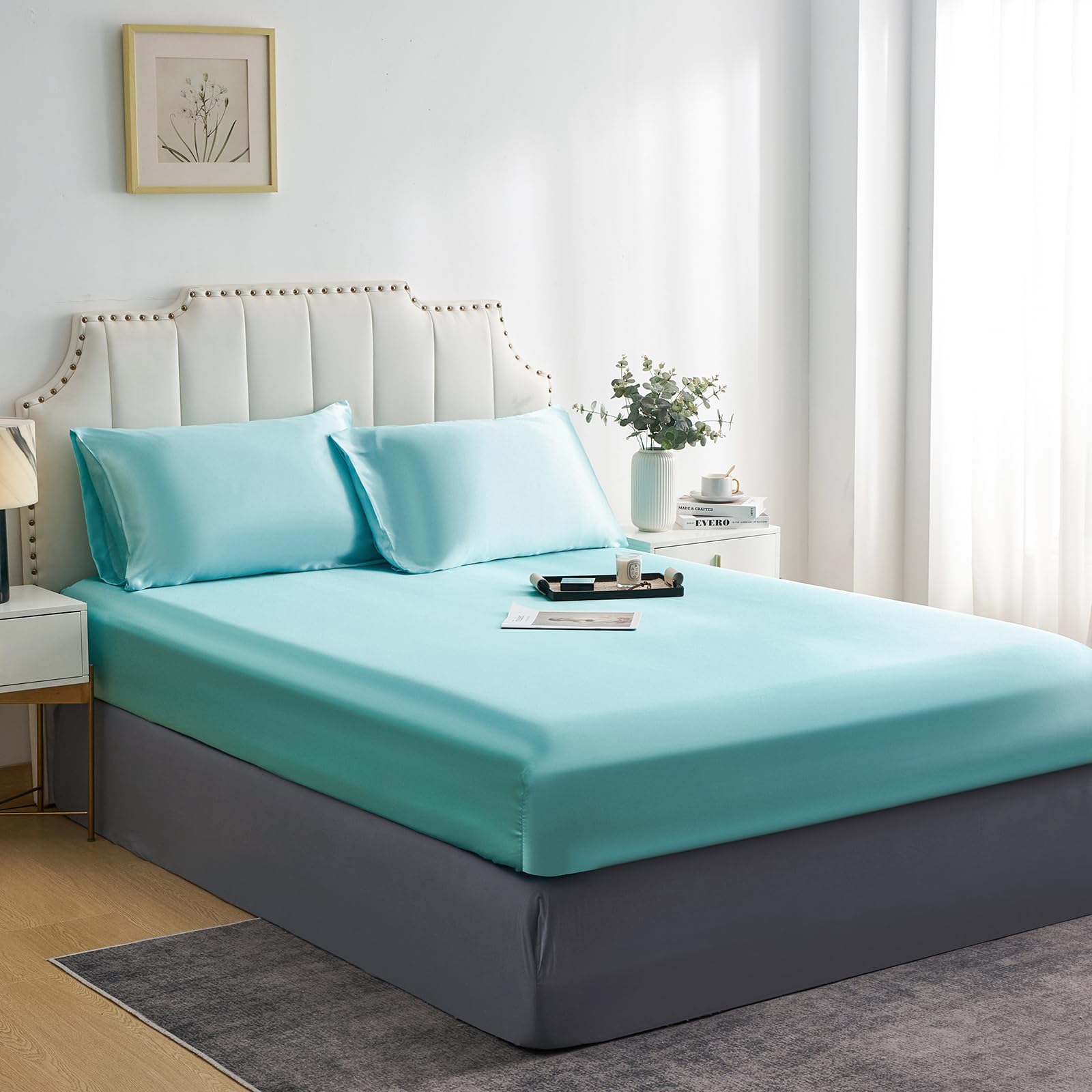 JHCHMX Satin Blue Fitted Sheets King Bed,Deep Pocket Soft Bed Sheet,Brushed Microfiber& Wrinkle Resistant Fitted Bed Sheet,Blue King153x203cm — image 1