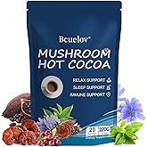 Mushroom Hot Cocoa, Cocoa Powder with Reishi Mushroom, Melatonin, Glycine, Cacao, L-Theanine, Chicory to Help Fall Asleep and Stay Asleep, 20 Servings