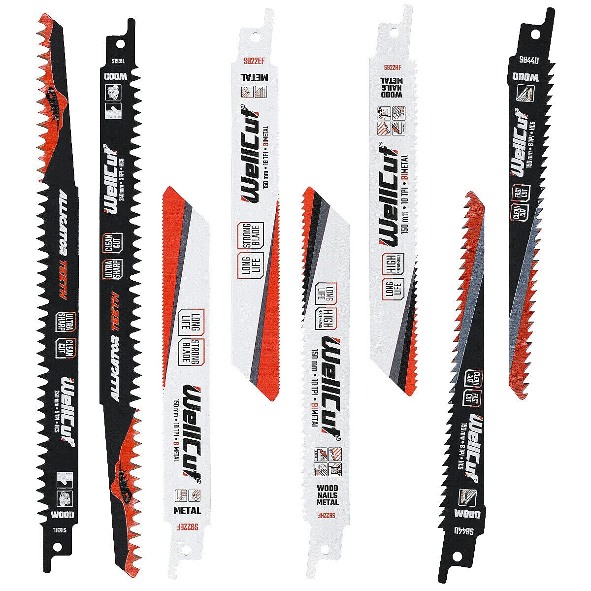 WELLCUT 8-Piece Durable Reciprocating Saw Blades with Extra Sharp Teeth for Wood, Plastic and Metal for DIY and Professional Application Fits All Saw Brands