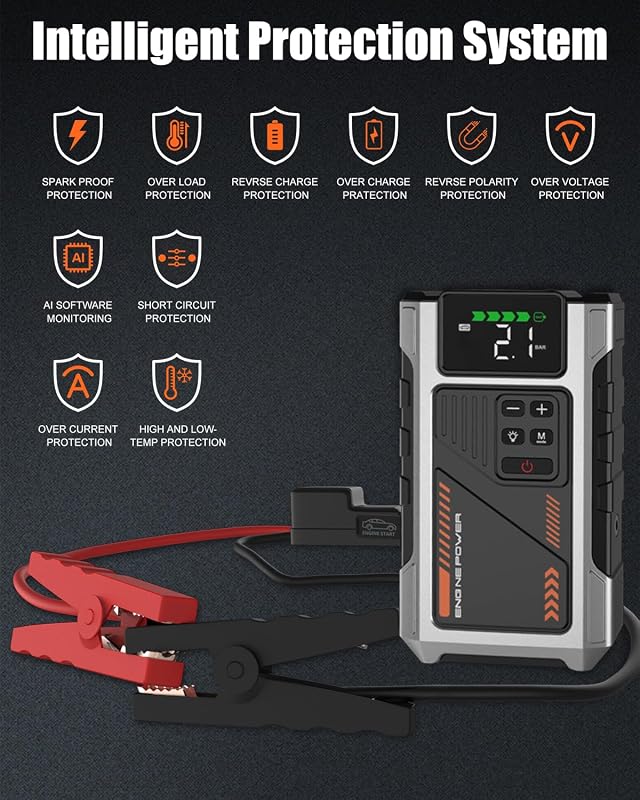 Booster Batterie Voiture avec Gonfleur Puissant 6000A Fonction de Gonflage des Pneus 150PSI Essence 10L Diesel 8.5L Température de décharge -20 ℃ à 70 ℃ (PD-JA2)