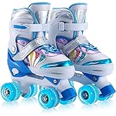 Kids Roller Skates Adjustable for Girls Boys Toddlers Youth, Pink 4 Size Adjustable Light Up Roller Skates for Size 11J todders to Size 7 Youth Women