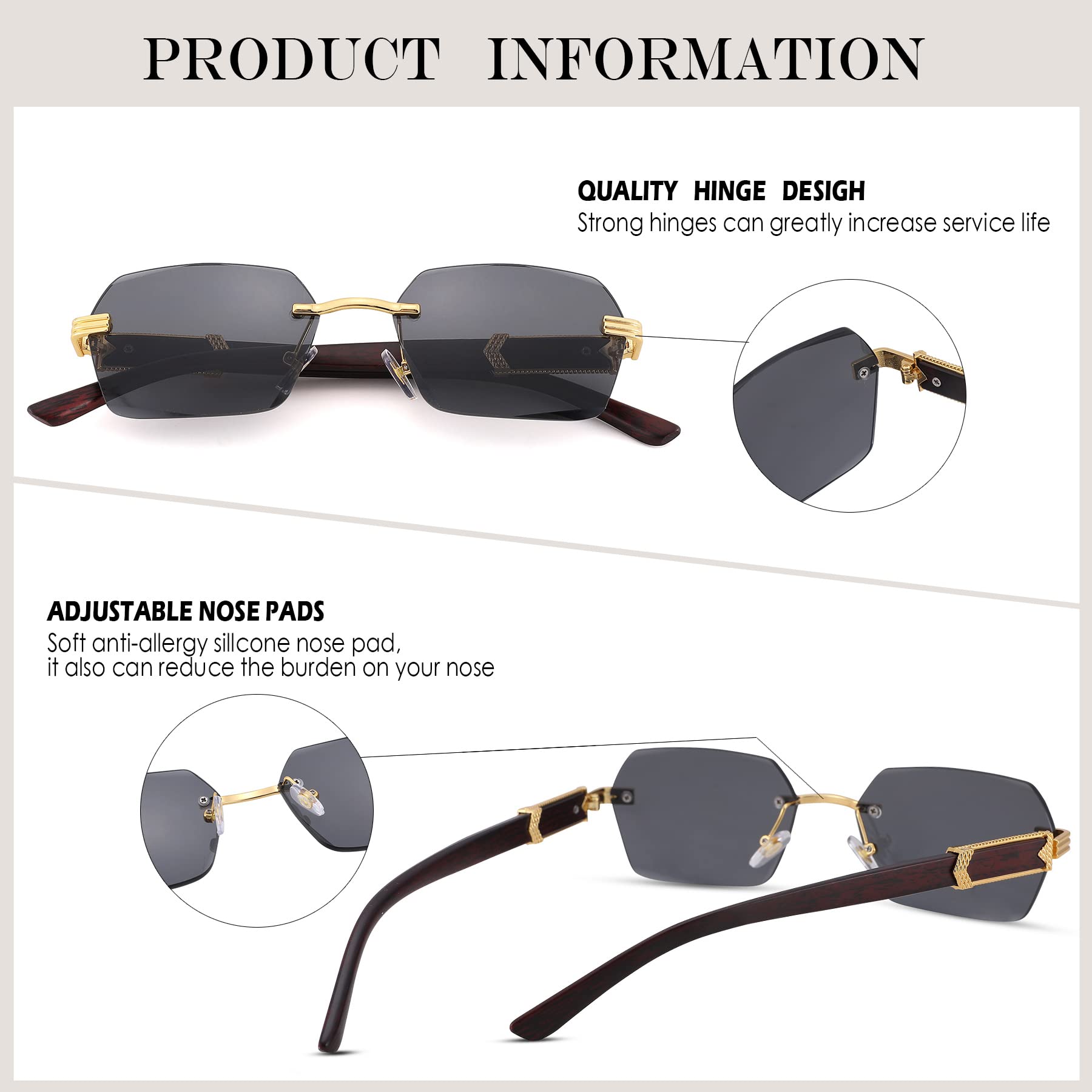 Hycredi Rimless Rectangle Sunglasses Men Women Retro Frameless Square Shade Y2k Sun Glasses Tinted Eyewear