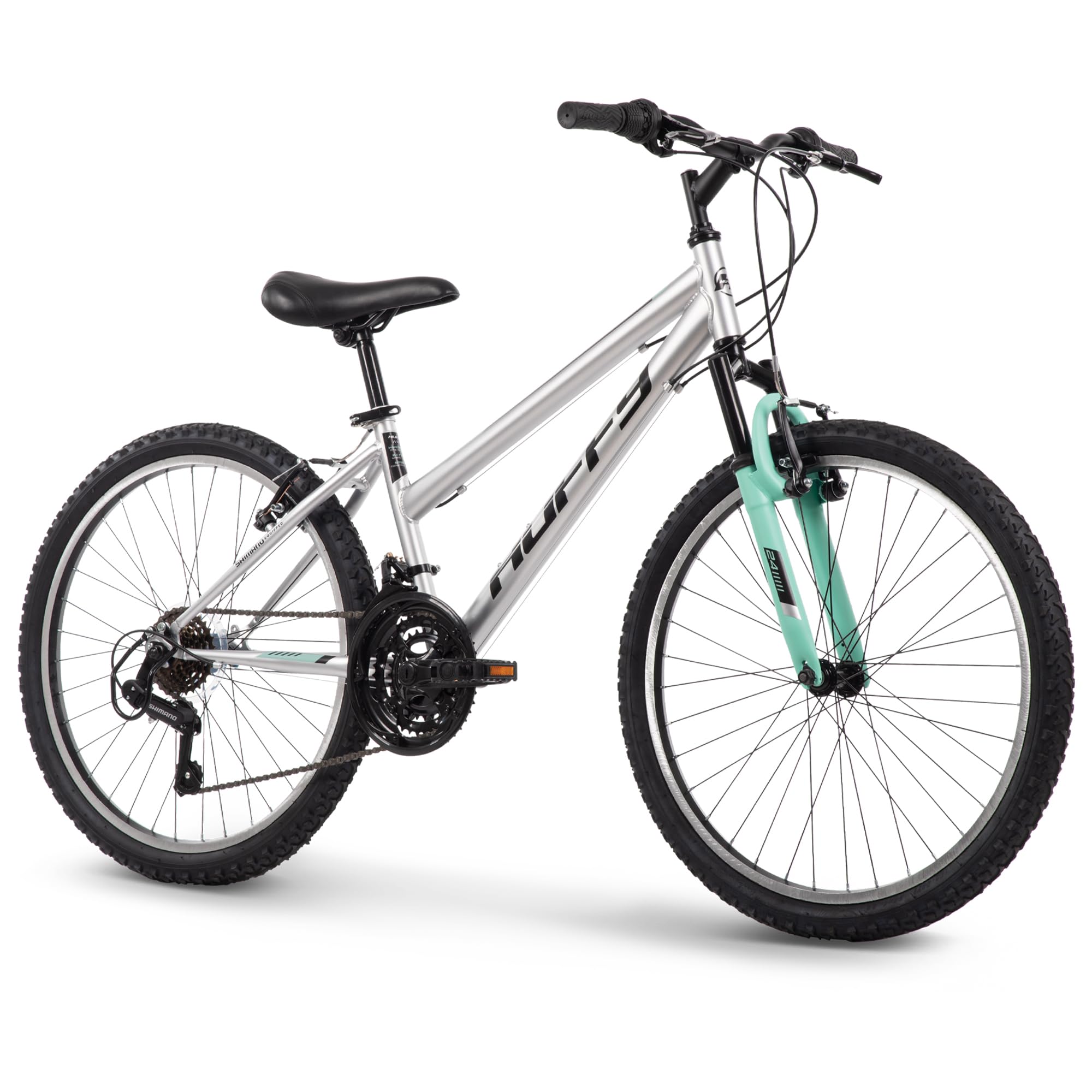 Photo 1 of Huffy Stone Mountain Womens 24 Inch Mountain Bike, Metallic Nickel Frame, 21-Speed Shimano Twist Shifting, Front Suspension, Comfort Saddle | 20"/24"/26" Sizes, 6-21 Speeds, Dual Suspension Available