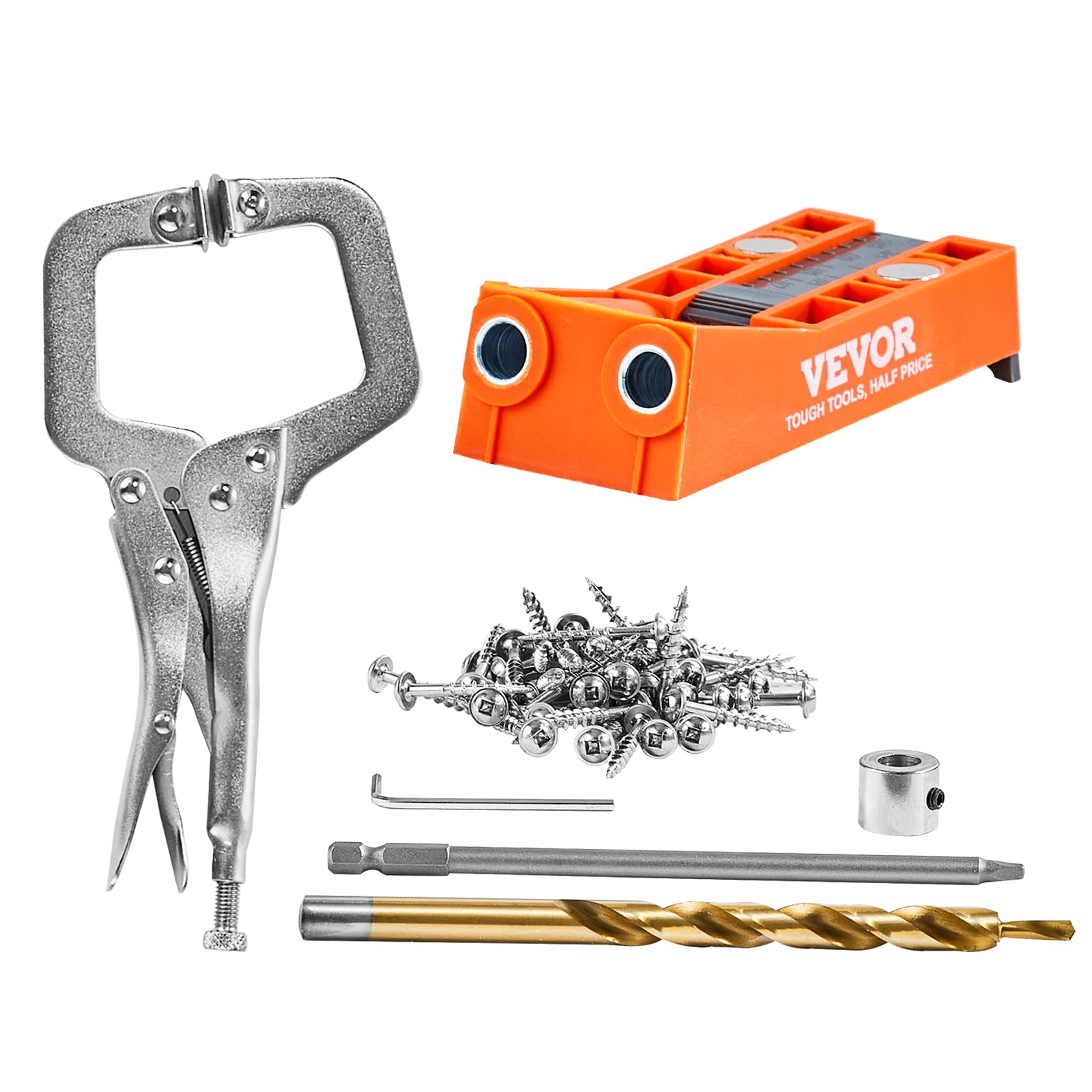 VEVOR Pocket Hole Jig, 56 Pcs Mini Jig Pocket Hole System with 9" C-clamp, Step Drill, Wrench, Drill Stop Ring, Square Drive Bit, and Screws, for DIY Carpentry Projects