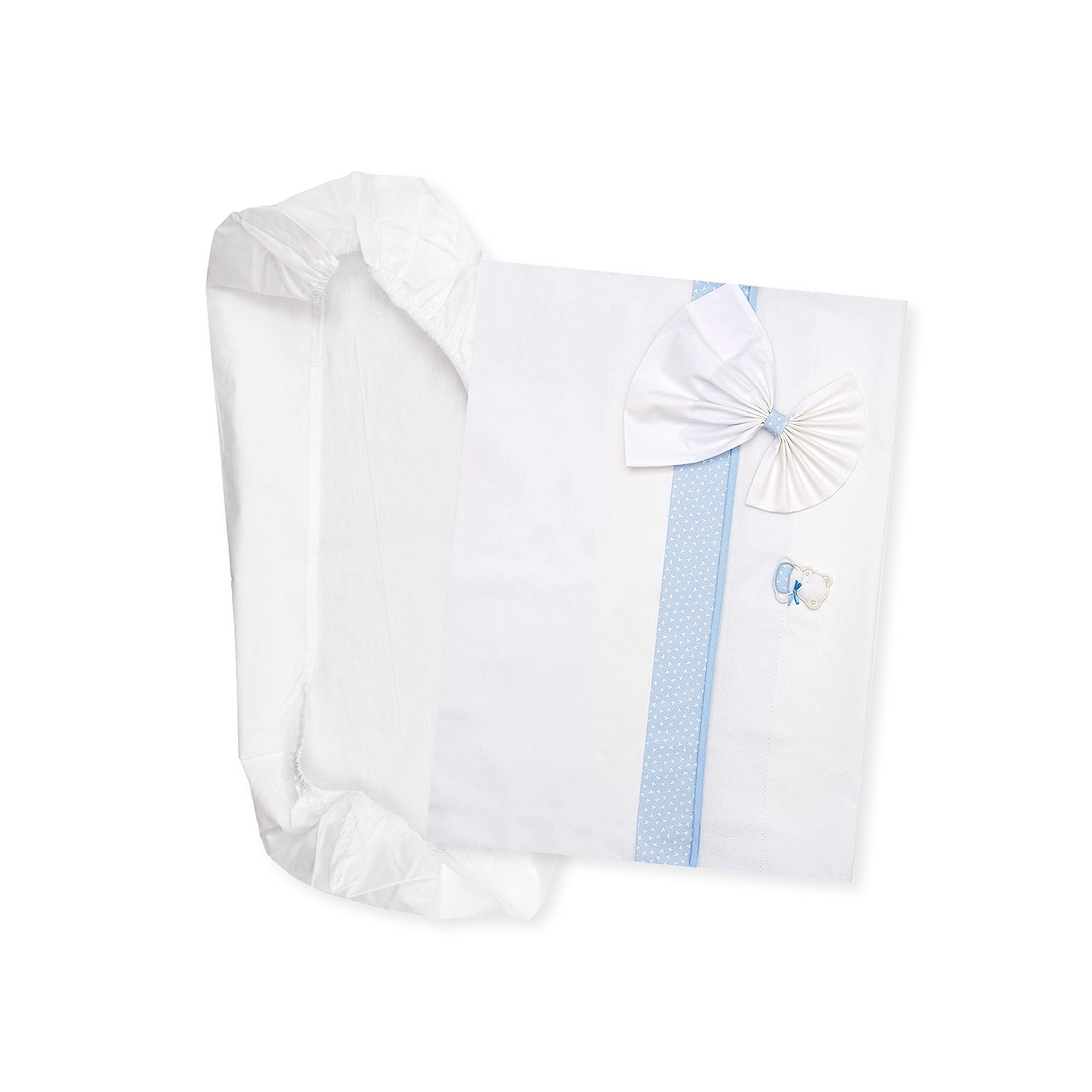 FILET - Baby Carrycot Sheet Set White and Light Blue, Composed of 1 Fitted Sheet with corners, 1 Top Sheet with Aida Band to Embroider and 1 Pillowcase, 100% Cotton, Made in Italy