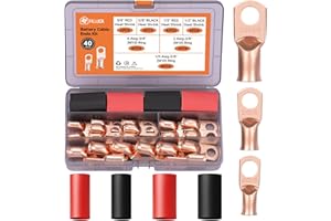 Filluck 40pcs Battery Cable Ends Kit,1/0 AWG 2 AWG 4 AWG Copper Lugs,0 Gauge 00 Gauge Heavy Duty Wire lugs, 3/8" Ring Terminal Connectors with 3:1 Heat Shrink Tube & Storage Box