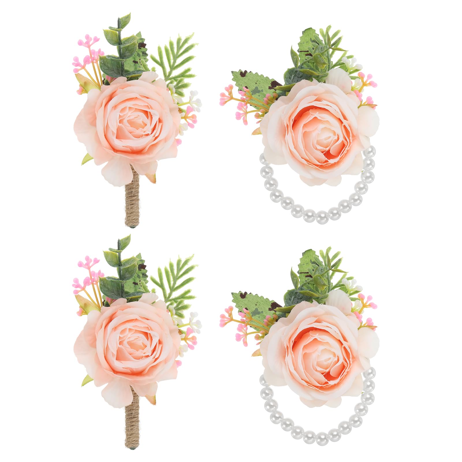 PATIKIL Rose Wrist Corsage and Boutonnieres Set, 4 Pcs Wedding Flower Wristlet Band Bracelet Hand Flowers Tether Accessories for Men Women Bachelor Party Prom Homecoming, Dark Pink