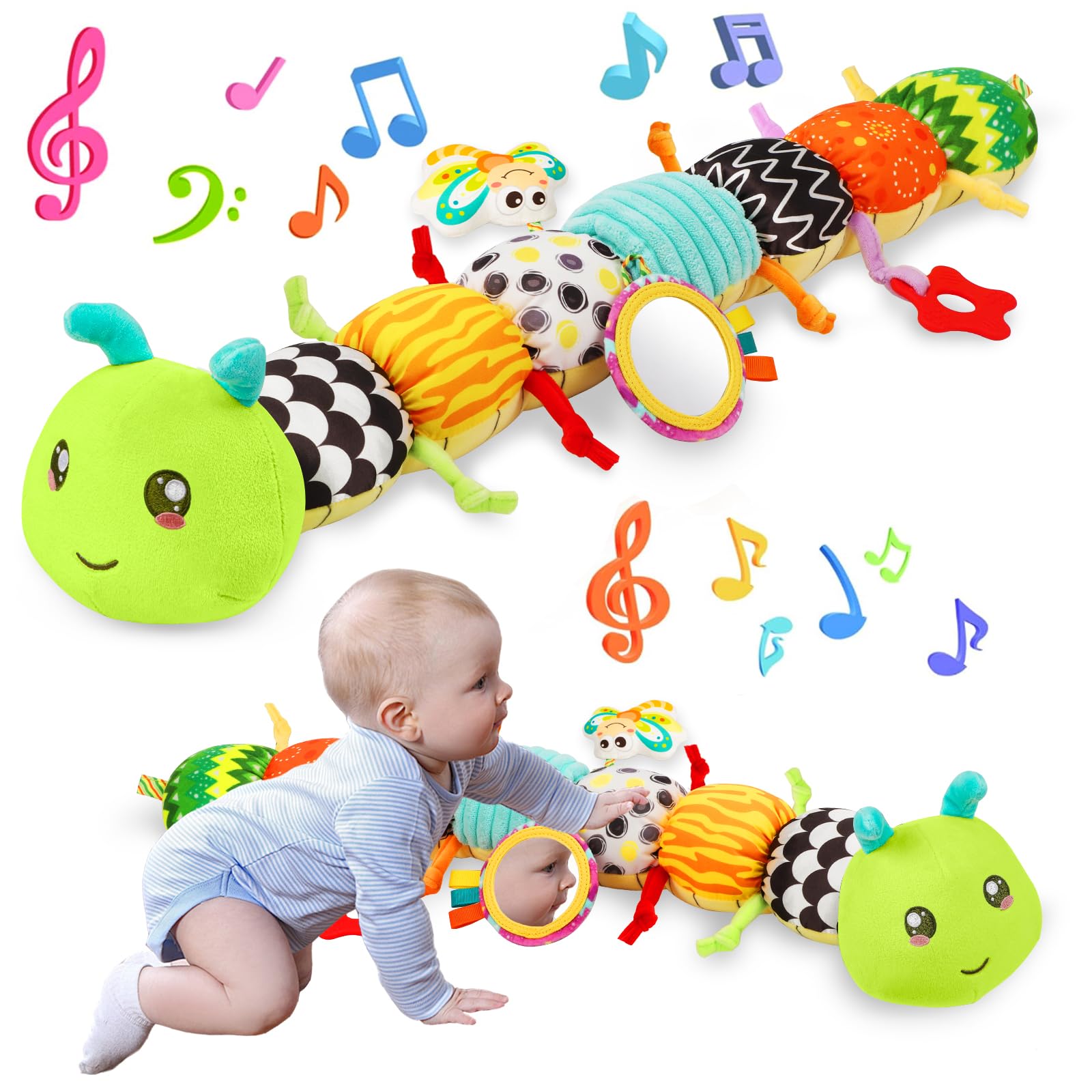 Baby Toys Musical Caterpillar for 0-12 Months, Infant Stuffed Animal with Mirror, Crinkle & Rattle, Tummy Time Toy for Newborn 3 6 9 12 18 Months, Baby Shower Gifts for Boys and Girls