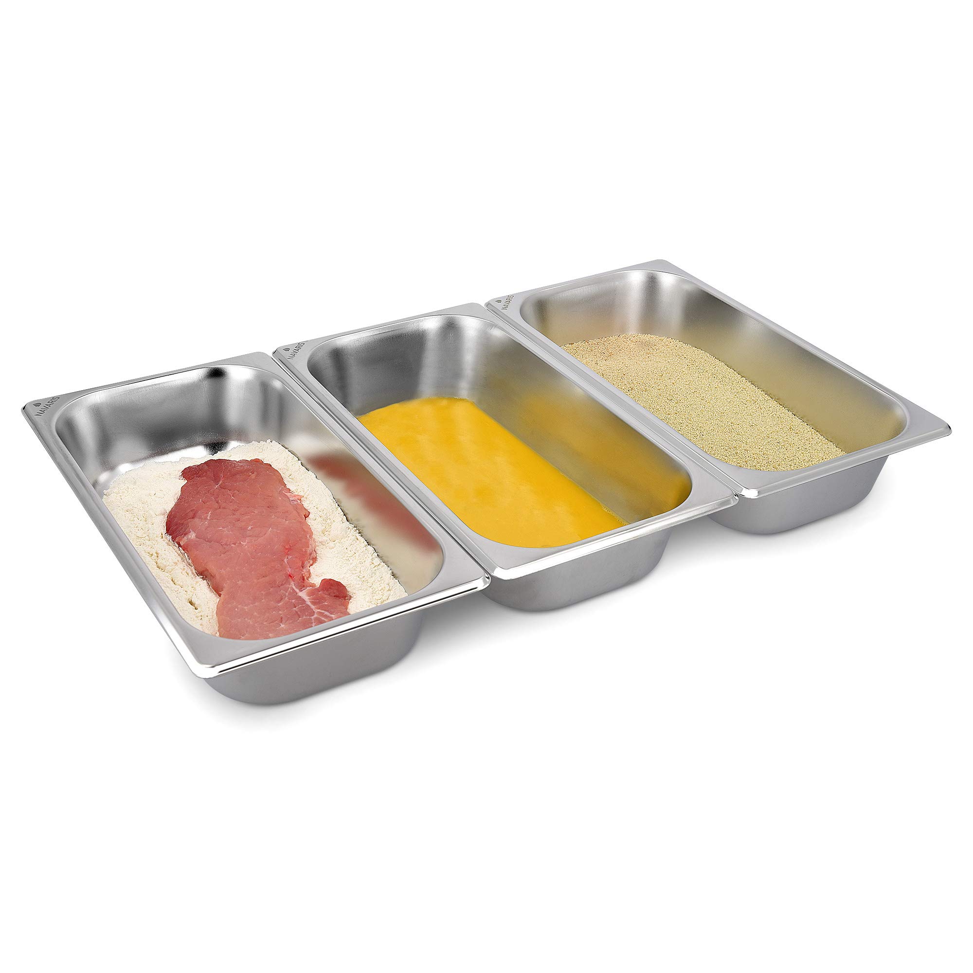 Navaris Breading Trays Set - 3 Stainless Steel Pans for Preparing Bread-Crumb Dishes, Panko, Schnitzel, Coating Fish and Marinating Meat