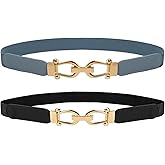 Women Stretchy Thin Waist Belt, Retro Elastic Skinny Belt with Gold Buckle for Ladies, Perfect for Dresses & Shirts, 2 Pack