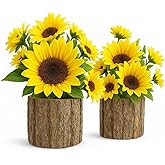 AceList Artificial Sunflowers in Rustic Bark Pots, Set of 2 Small Silk Flower Arrangements for Home, Table, Kitchen, Mother’s Day & Year-Round Decor
