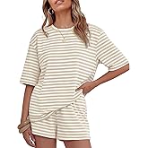 ZESICA Womens Summer 2 Piece Short Sets Striped Oversized Matching Lounge Airport Travel Workout Beach Vacation Outfits